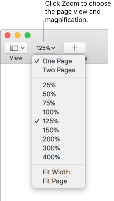The Zoom pop-up menu with options to view one page and two pages at the top, percentages ranging from 25% through 400% below, and Fit Width and Fit Page at the bottom.
