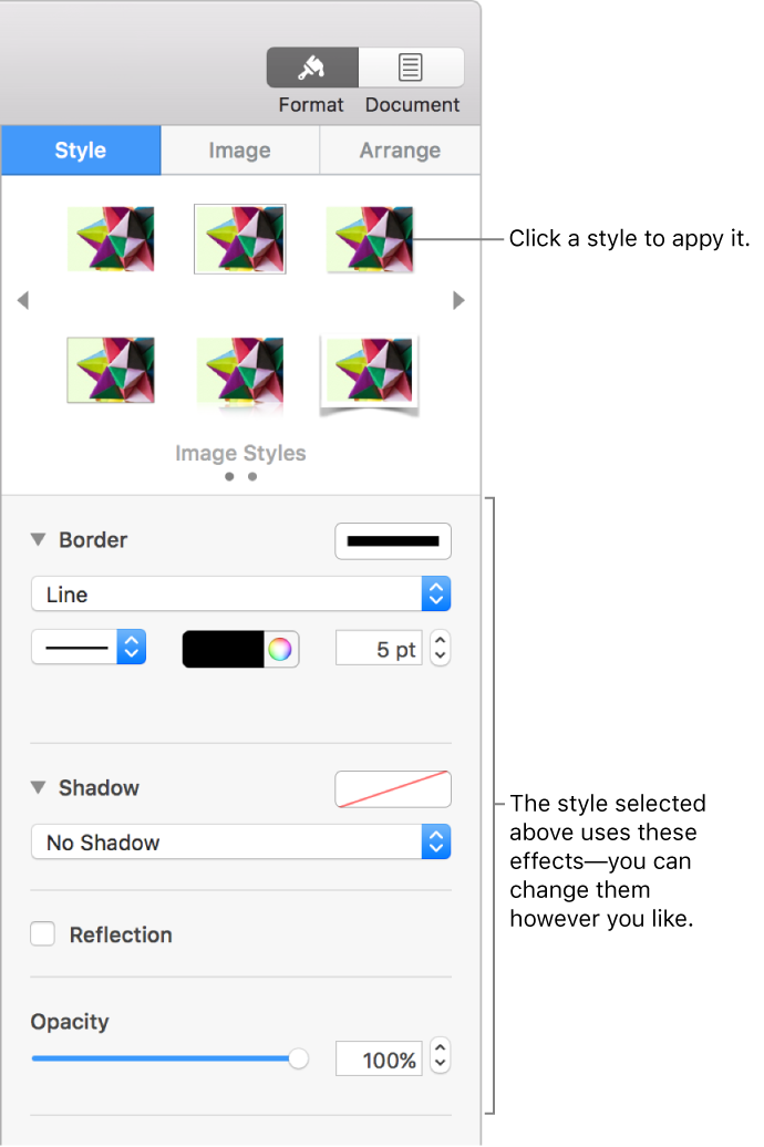 The Style tab of the Format sidebar showing object style options.