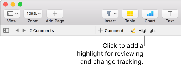 The menu bar showing the Insert menu and below it, the Pages toolbar with review tools showing and a callout to the Highlight button.
