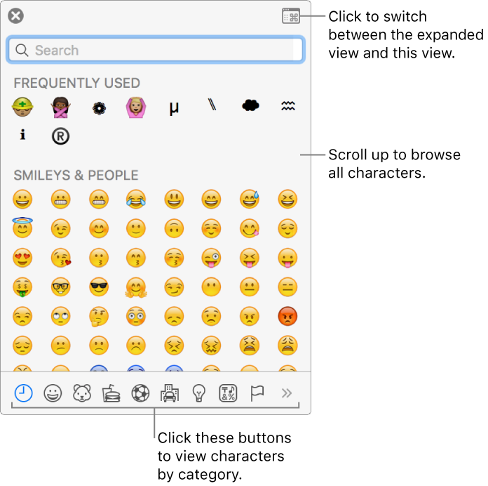 The Special Characters pop-up showing emoticons, buttons for different types of symbols at the bottom, and a callout to a button to show the full Characters window.