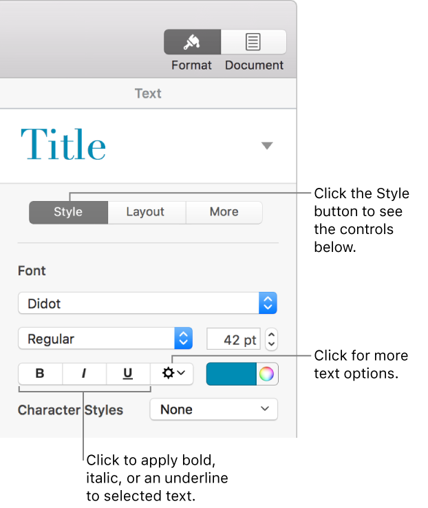 The Style controls in the Format sidebar with callouts to the Bold, Italic, and Underline buttons.