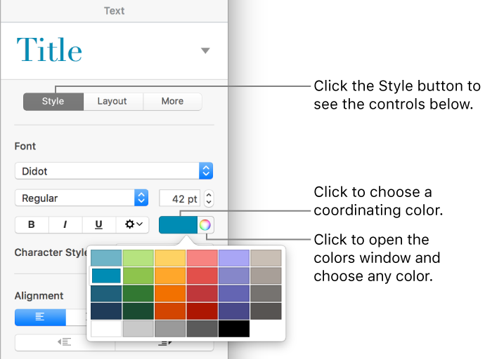 Controls for choosing predesigned colors or any color.