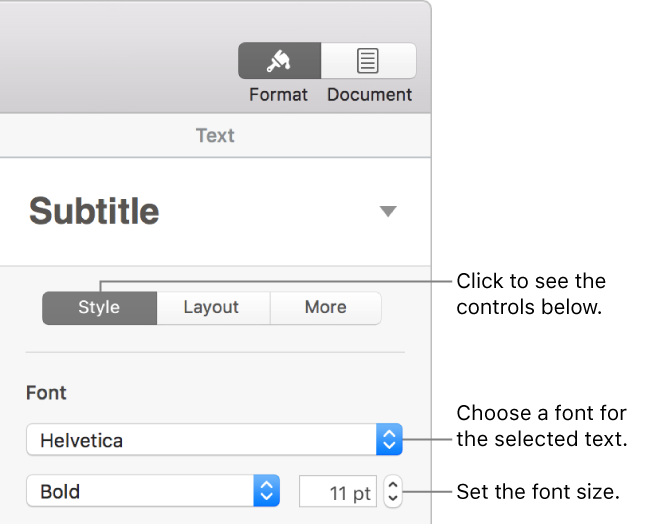 Text controls in the Style section of the Format sidebar for setting font and font size.