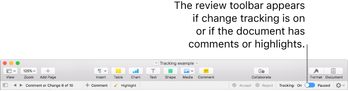 The Pages toolbar with change tracking turned on and the review toolbar below the Pages toolbar.