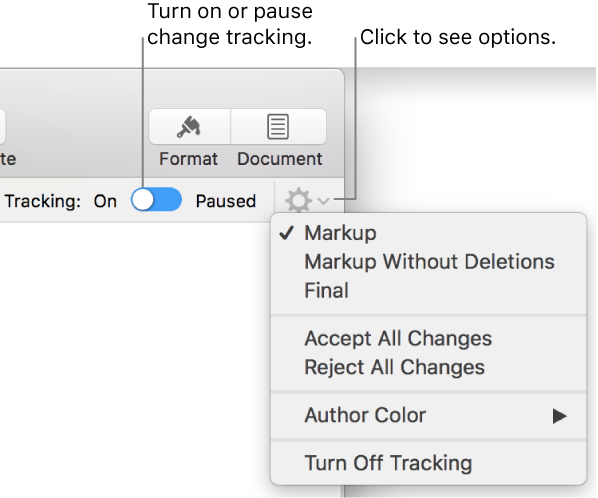 The tracking options menu showing Turn off Tracking at the bottom, and callouts to the Tracking On and Paused button.