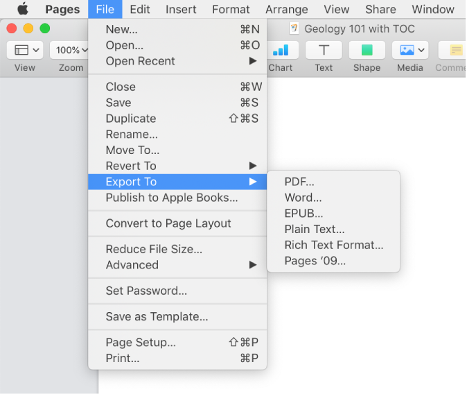 The File menu open with Export To selected, with its submenu showing export options for PDF, Word, Plain Text, Rich Text Format, EPUB, and Pages ’09.