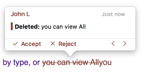 Deleted text with an open comment and Accept, Reject, and navigation arrows. The tracked change shows author name and date.