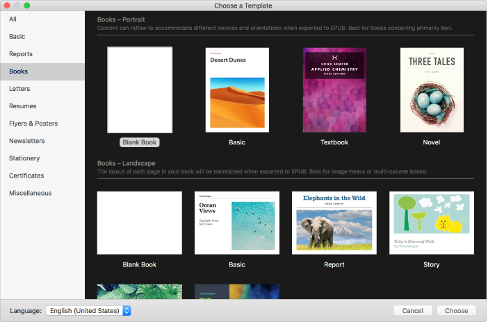 The template chooser with Books selected in the category list on the left, and book templates in portrait and landscape orientation on the right.
