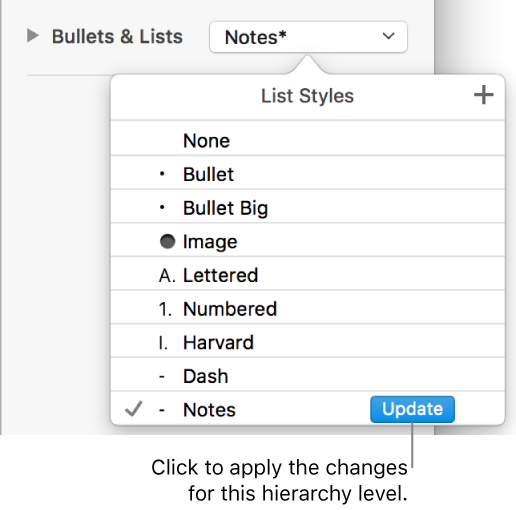 The List Styles menu with an Update button next to the name of the new style.