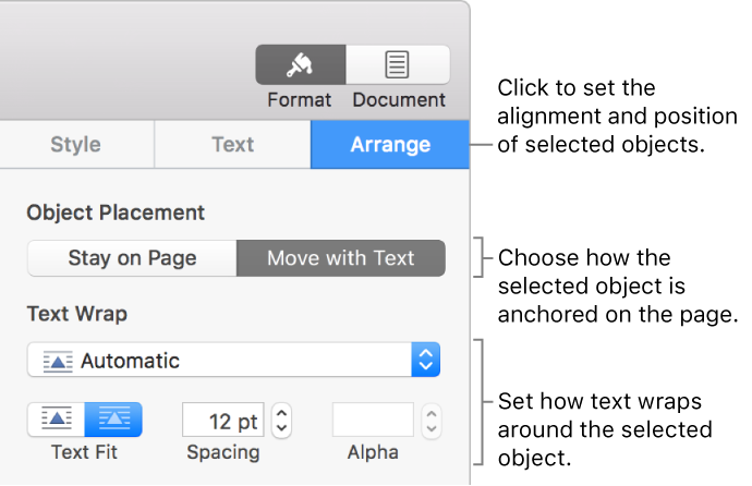 The Arrange pane of the Format sidebar with controls for object placement and text wrap.