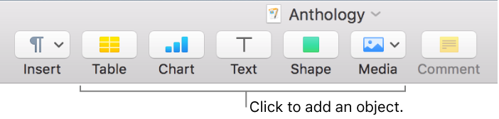 The Pages toolbar with Table, Chart, Text, Shape, and Media buttons.