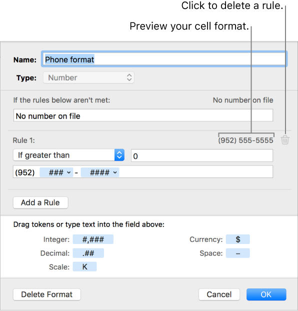 The custom cell format window with controls for choosing custom number formatting.