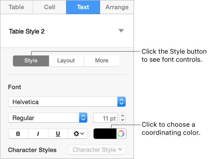 The controls for styling table text.