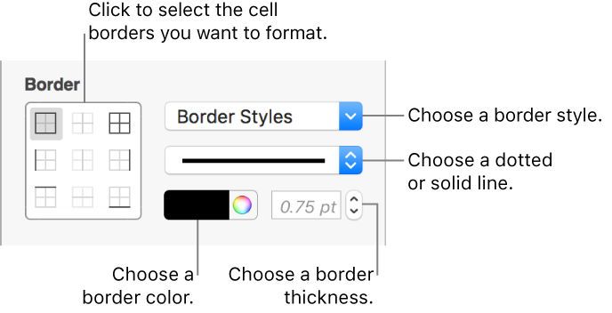 Controls for styling cell borders.