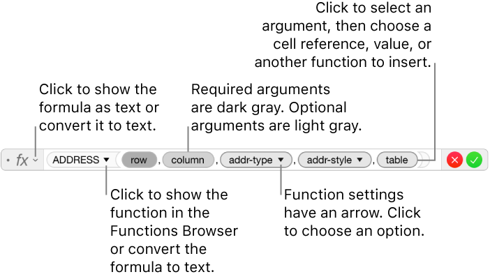 The formula editor showing the ADDRESS function and its argument tokens.