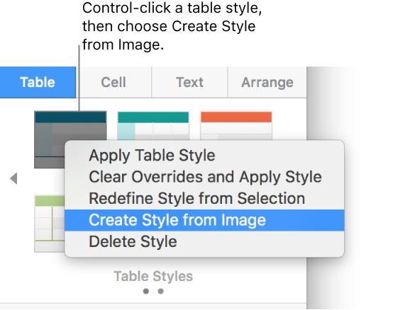 The table style shortcut menu.