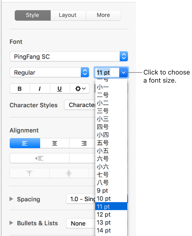 The Style section of the Format sidebar with the font size menu open. Chinese government standard font sizes appear at the top of the menu with point sizes below.