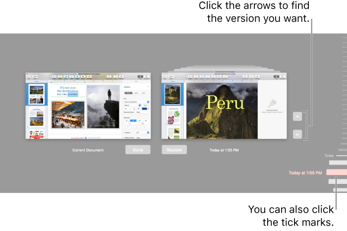 The versions timeline showing the current document on the left and a recent version on the right.