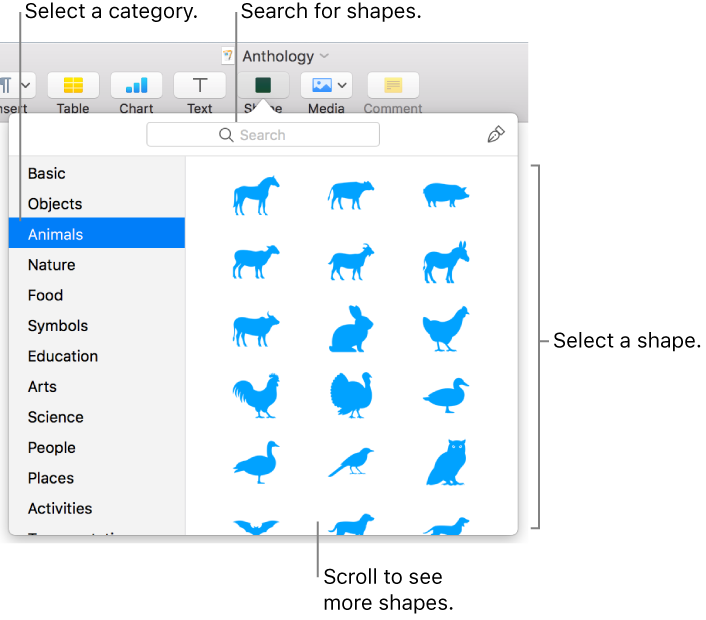The shapes library, with categories listed on the left and shapes displayed on the right. You can use the search field at the top to find shapes and scroll to see more.
