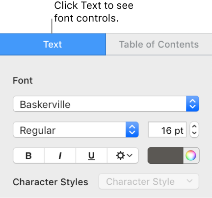 The Format sidebar with tabs for Text and Table of Contents. Text is selected, and below it are the standard controls for changing the font, font size, and color.
