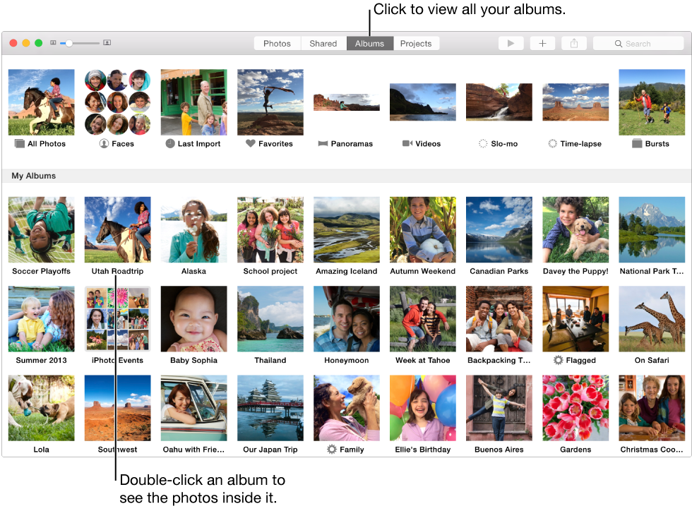 Photos window showing albums