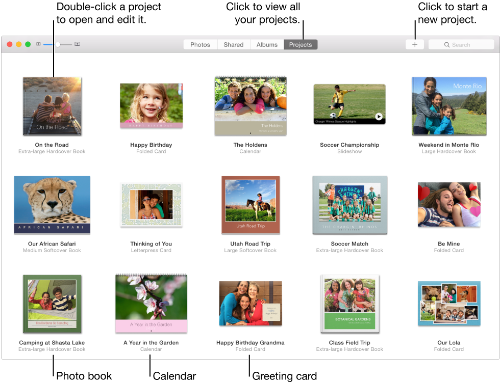 Photos window showing projects
