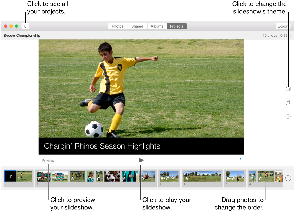 Photos window showing slideshow controls
