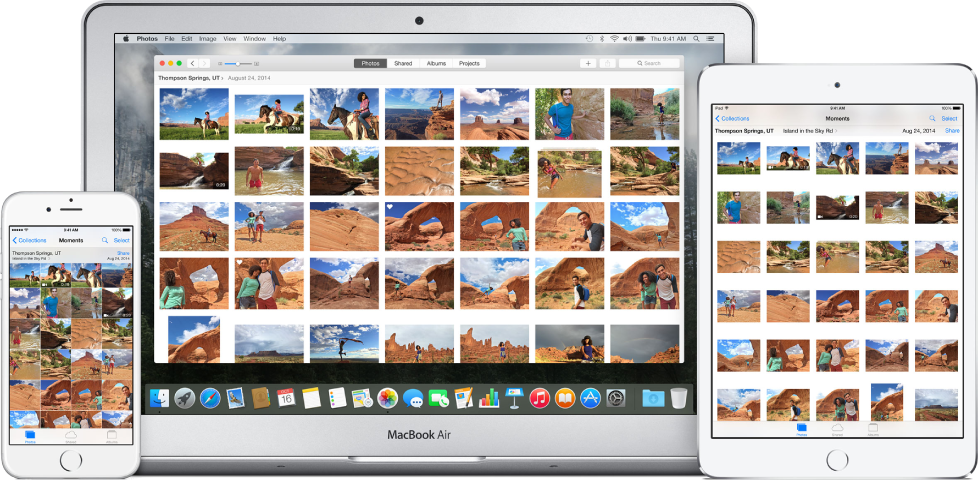 Mac, iPhone, and iPad set up to use iCloud Photo Library, with the same set of photos showing on every device