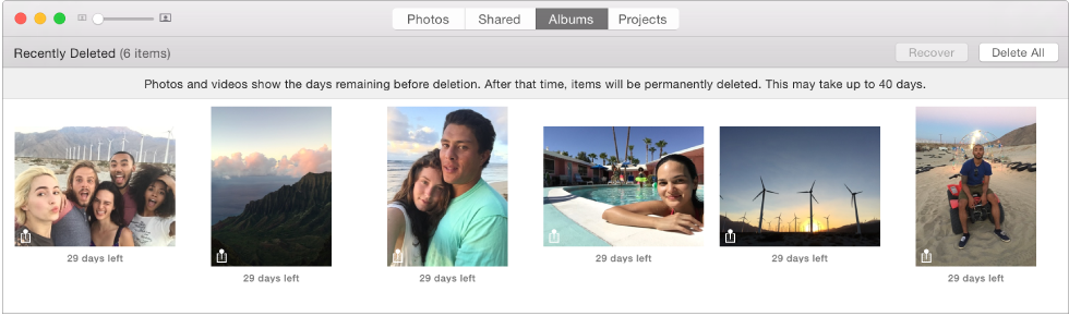 Window showing recently deleted items