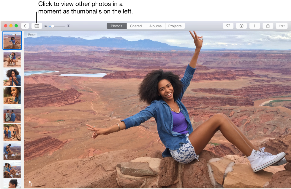 Photos window showing photo and moment in split view