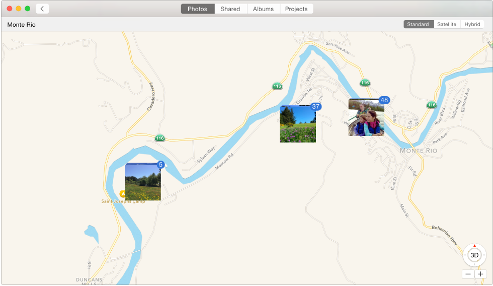Photos window showing a map with photo thumbnails grouped by location