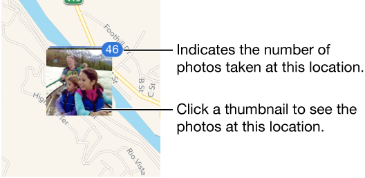 Thumbnails of photos located on a map