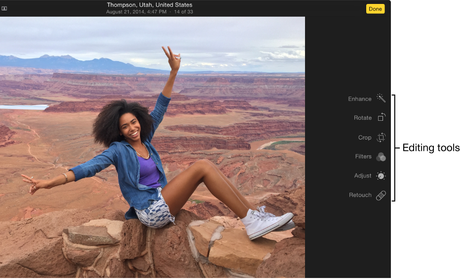 A photo in editing view with editing tools on the right