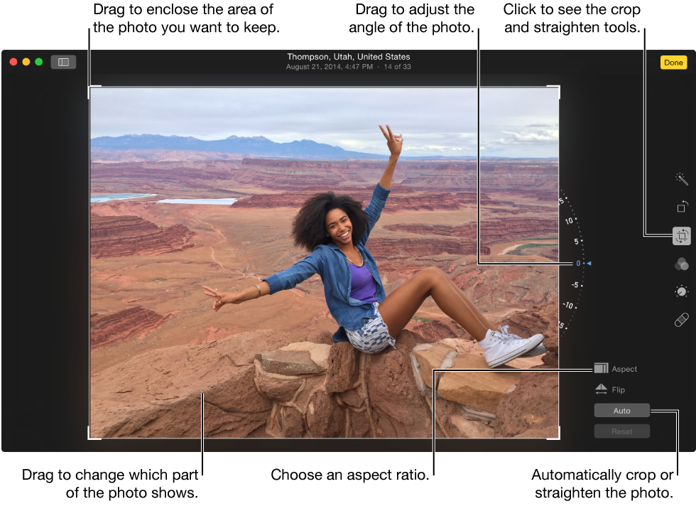 Window showing a photo with crop and straighten options
