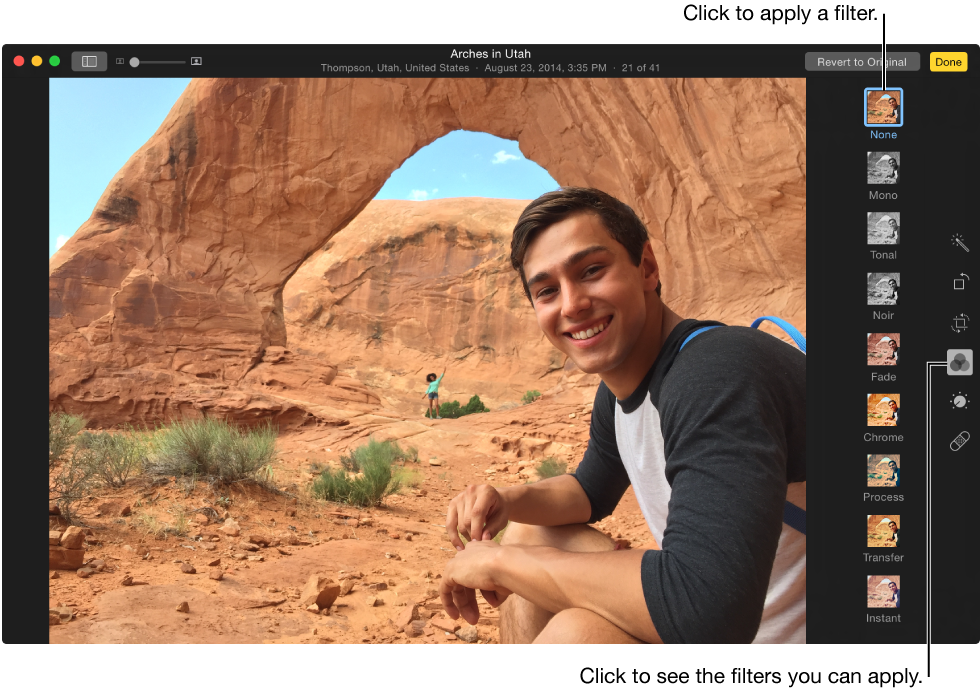 Photo in editing view with filters visible at right 