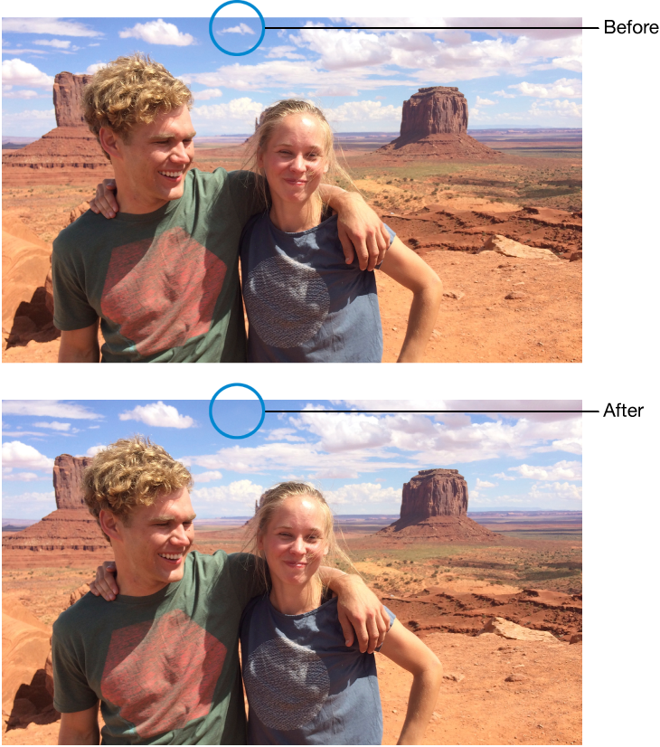 Photo before retouching, with small mark visible, and after retouching, with no mark