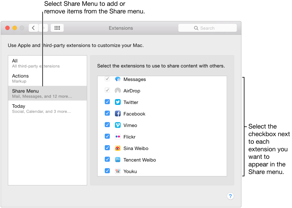 Extensions pane of System Preferences showing list of third-party extensions at right