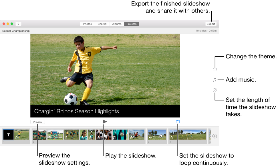 Photos window showing a slideshow in the main part of the window, with Preview button, Play button, and loop button under the main slideshow image, thumbnails of all the images in the slideshow at the bottom of the window, and at the right, the Theme button, Music button, and Duration button