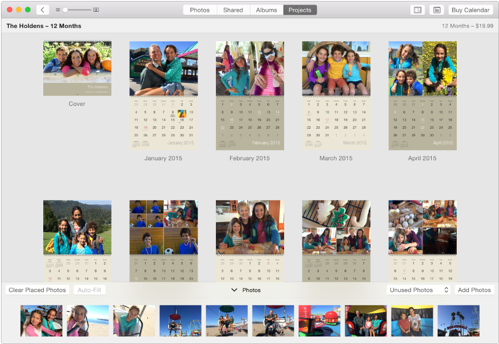 Photos window showing a calendar