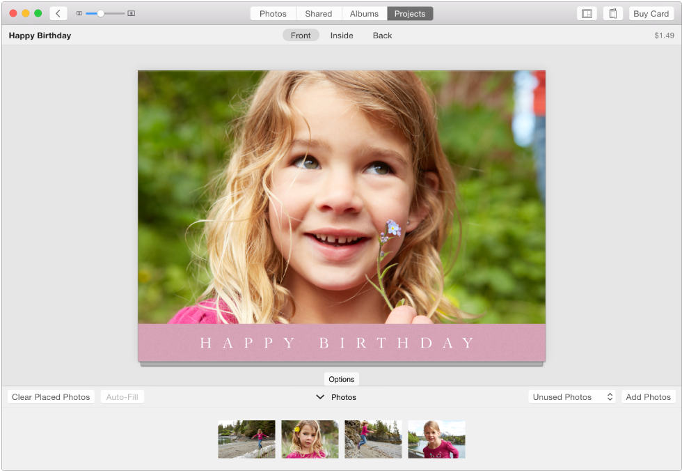 Photos window showing a greeting card