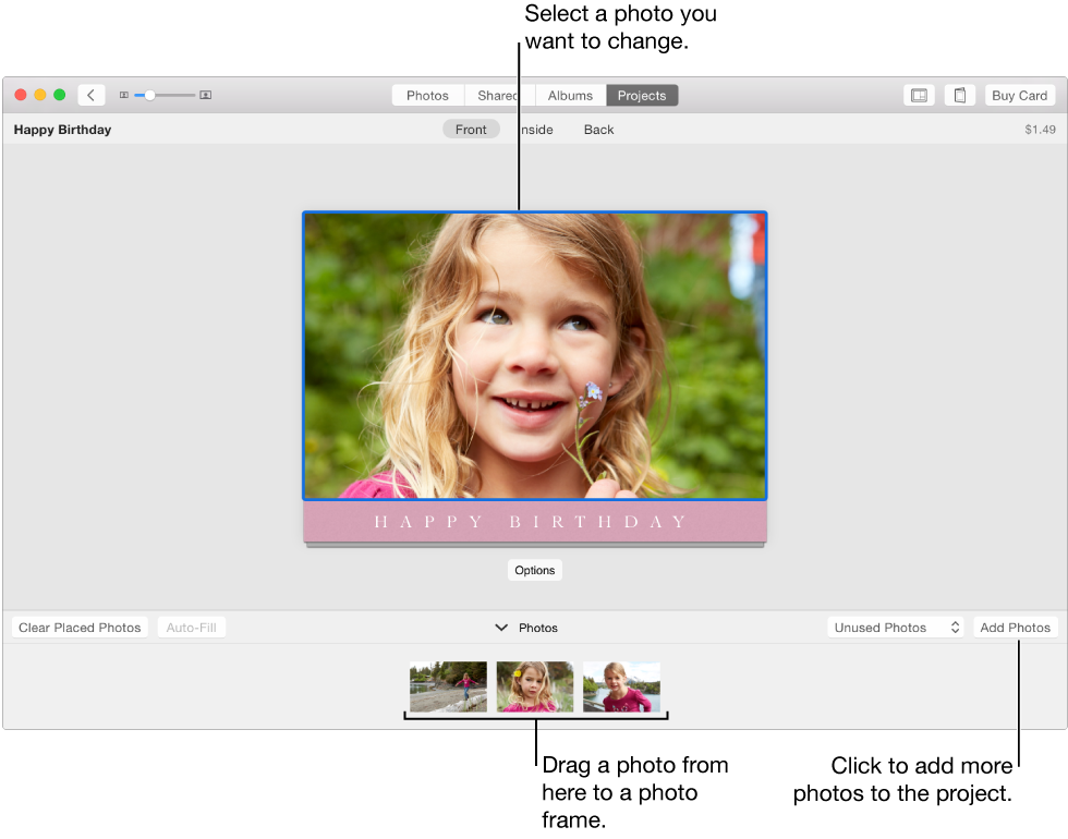 A card with a photo selected and the Add Photos button at bottom right 