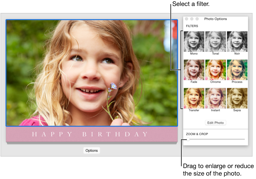 Photo Options window for a card, showing the Zoom & Crop slider at the bottom and effects options at the top