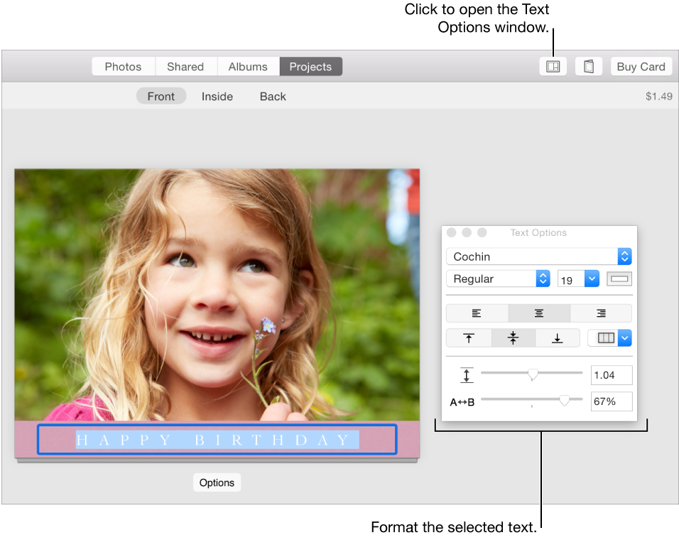 A card with some text selected and the Text Options window at right 