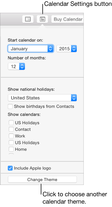 Calendar Settings options with Change Theme button