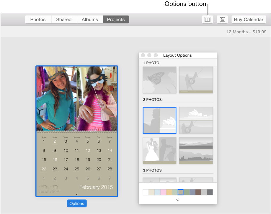 Calendar page at left with Layout Options window at right, showing page layouts