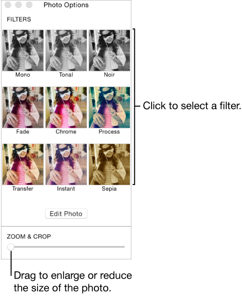 Photo Options window with Zoom & Crop slider at bottom and effects options at the top