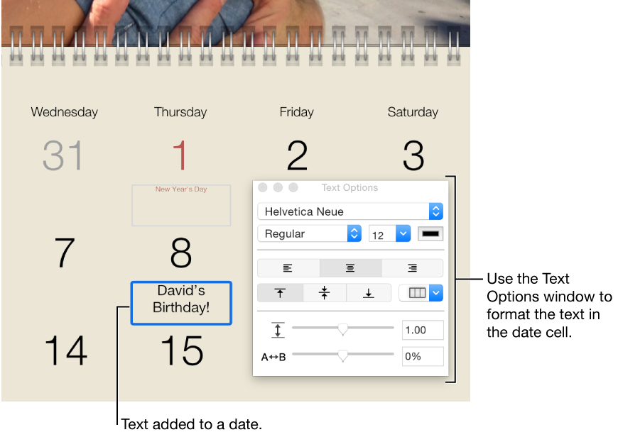 IA calendar date with text added to it, and the Text Options window on the right