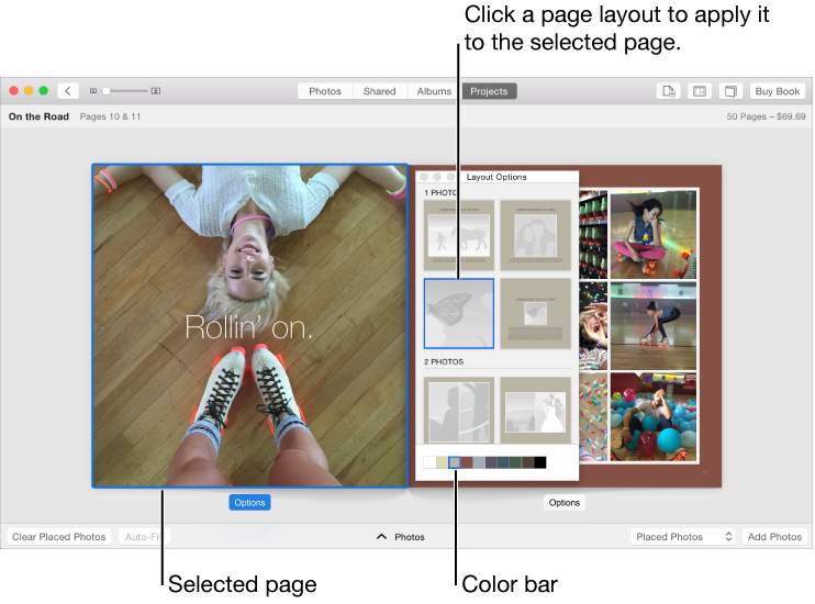 Two-page spread of a book, with the Layout Options window showing in front of it
