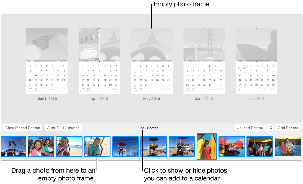 Photos window showing pages of a calendar with Photos area at the bottom