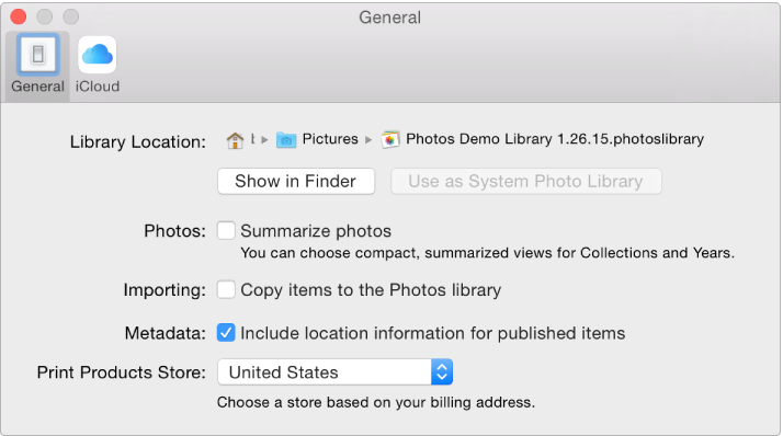 General pane of Photos preferences